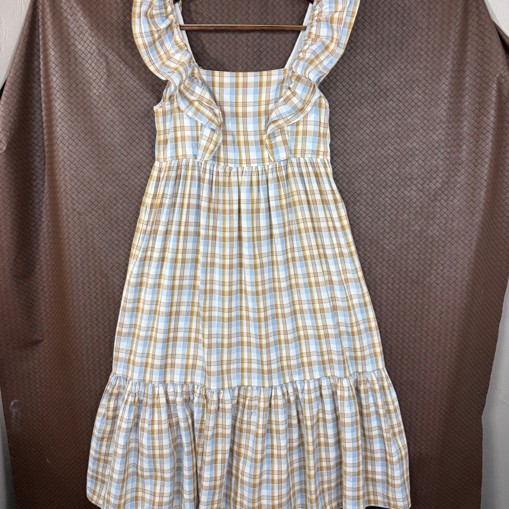 Madewell Plaid Ruffle Strap Smocked Midi Dress Blue Brown NF904 Size 10 - Picture 13 of 14